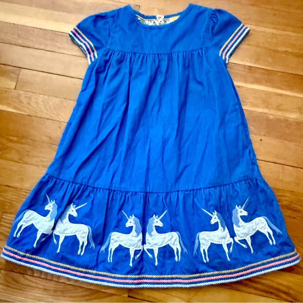Mini Boden 7-8Y Unicorn Appliqué Floral-Lined Cord Dress w/embroidered Trim